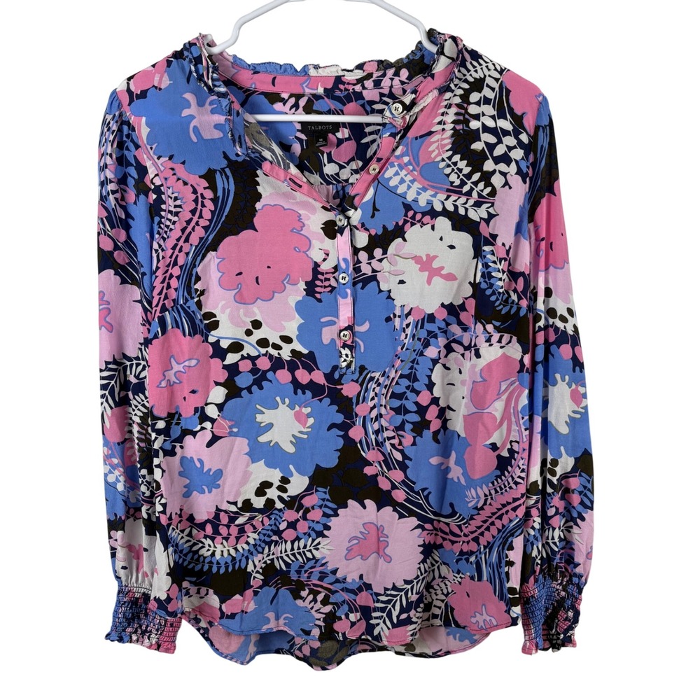 Talbots‎ Blouse Size M Pink Blue Floral Ruffle Long Sleeve Top Feminine Colorful